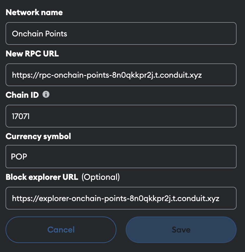 MetaMask network configuration screen